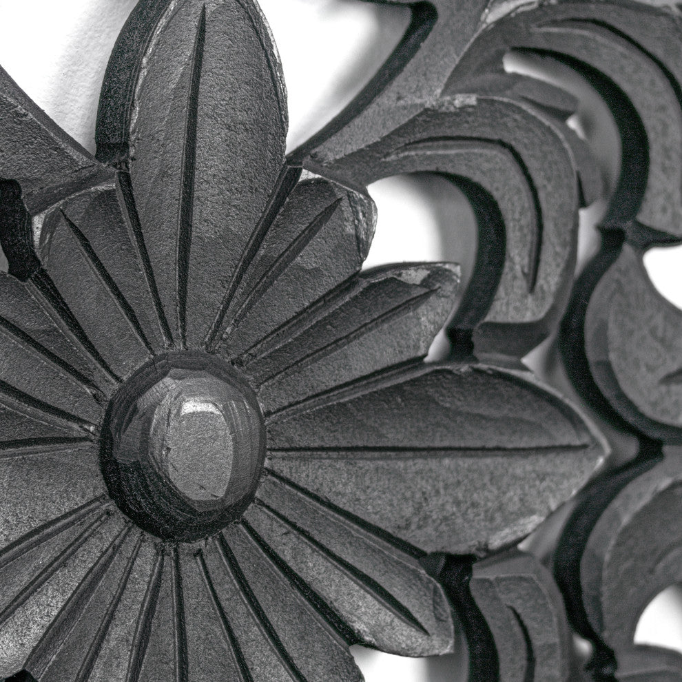 Hand-Carved Floral Wood Medallion Wall Art, Black, 36"x24"