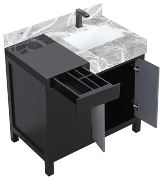 Zilara 36 Black, Grey Vanity, Grey Marble Top, Square Sink, Gun Metal Faucet Set