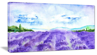 Blue Lavender Fields Watercolor, Landscape Canvas Art Print, 60"x28"