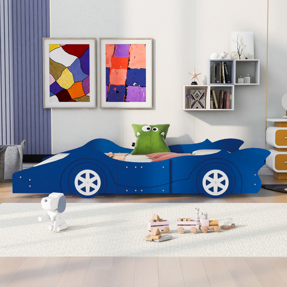 Gewnee Full Size Race Car-Shaped Platform Bed with Wheels,Blue