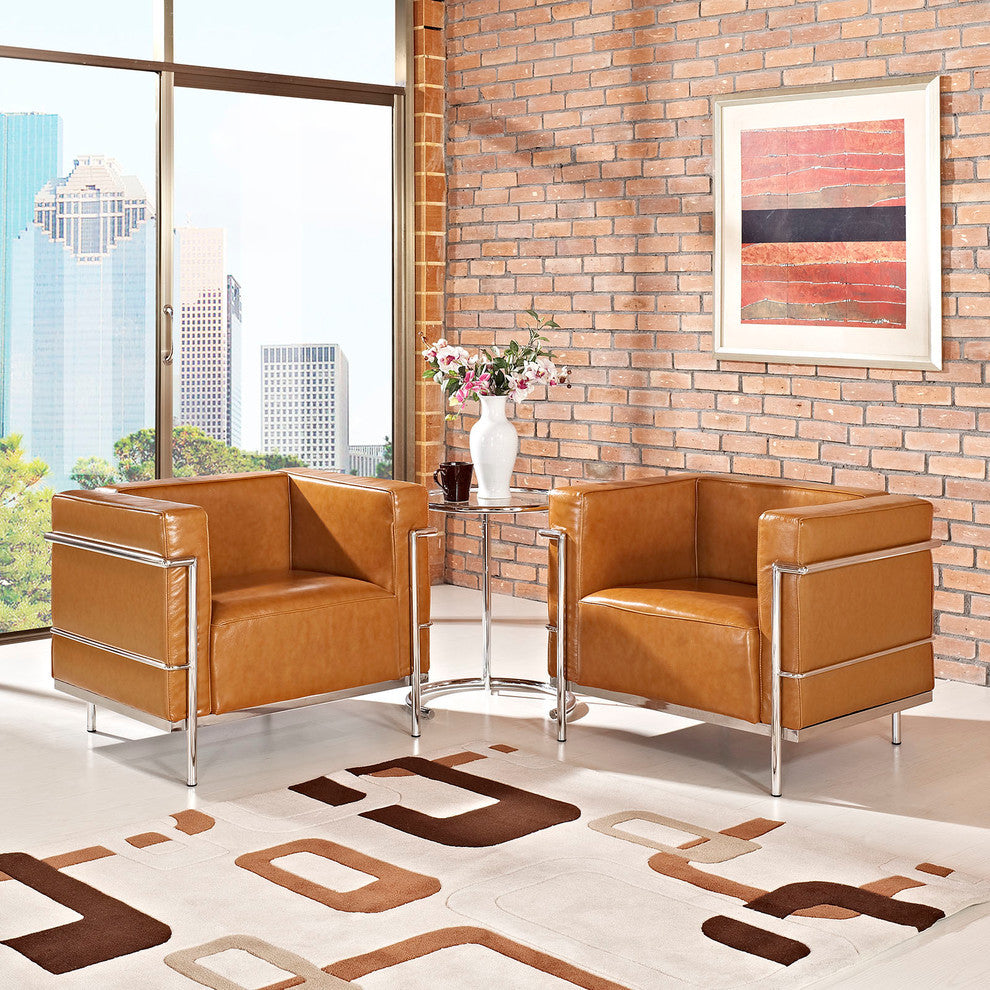 Modern Contemporary Living Room Leather Armchairs Set of 2 Tan
