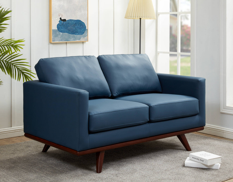 LeisureMod Chester Modern Leather Loveseat With Birch Wood Base, Navy Blue