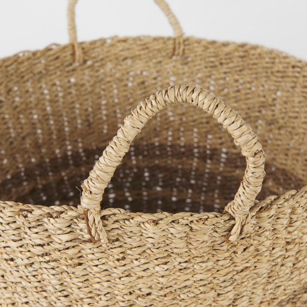 Vance Light Brown Palm Leaf and Seagrass Round Basket With Handles, 2-Piece Set