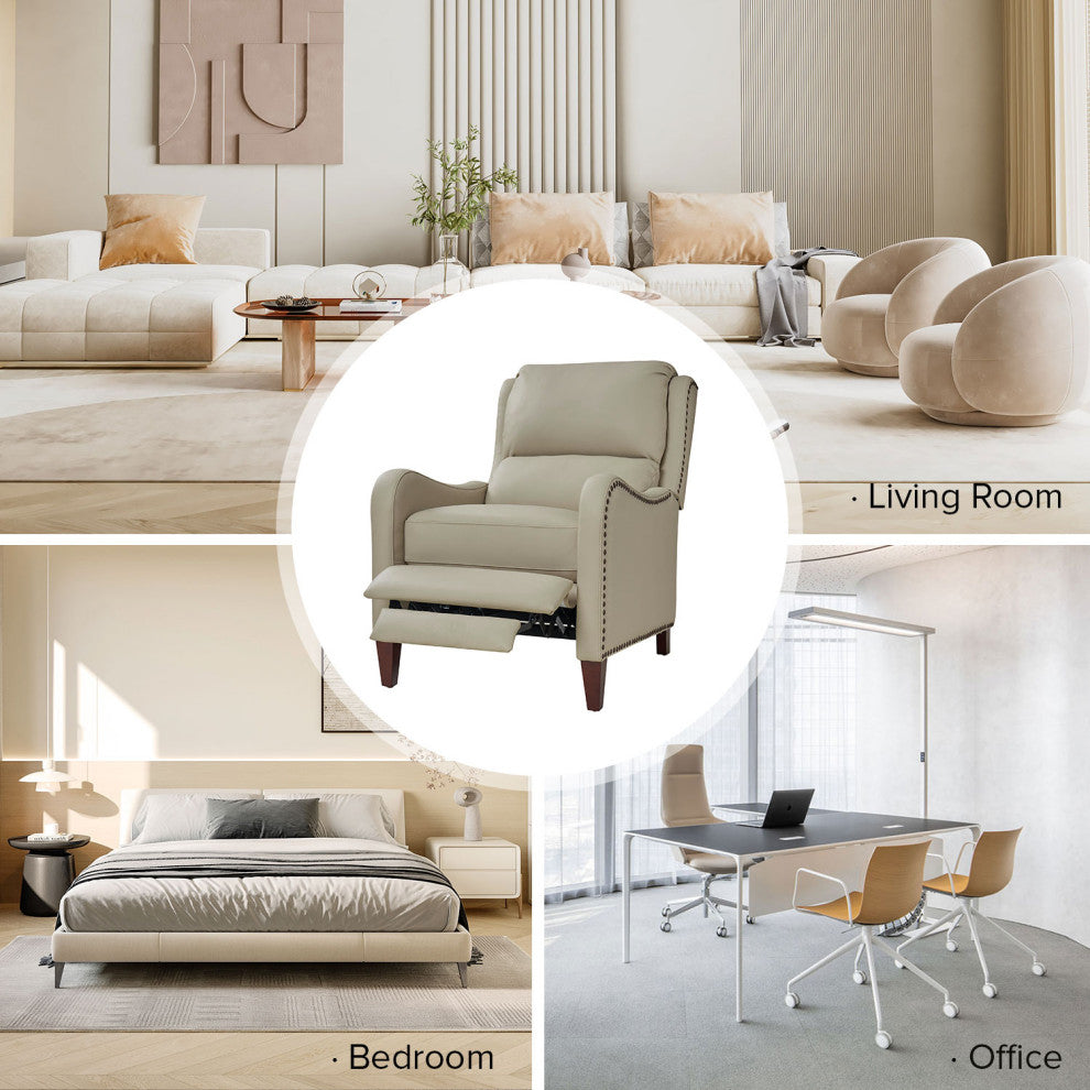 Genuine Leather Recliner With Nailhead Trim Set of 2, Beige