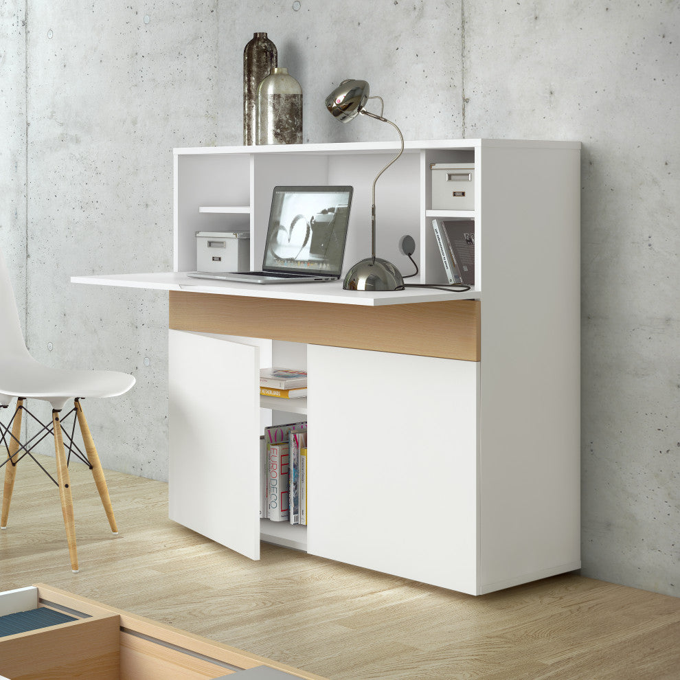 Modern Home Office Desk Hutch, White and Oak