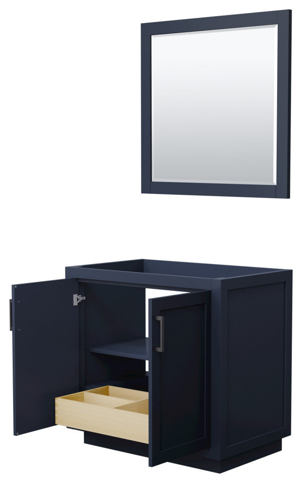 36" Single Bathroom Vanity, Dark Blue, No Countertop, Black Trim, 34" Mirror