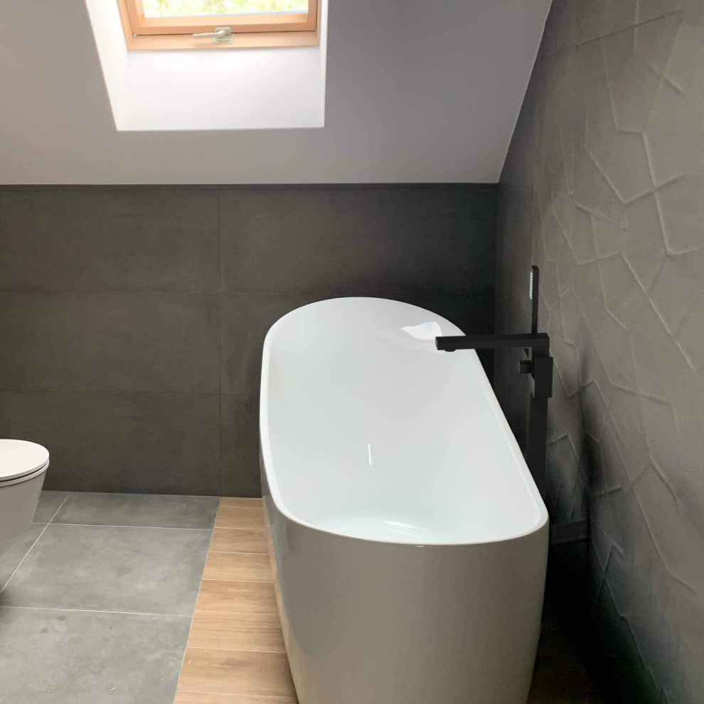 Cube Single Handle Floor Mount Tub Filler With Hand Shower, Matte Black