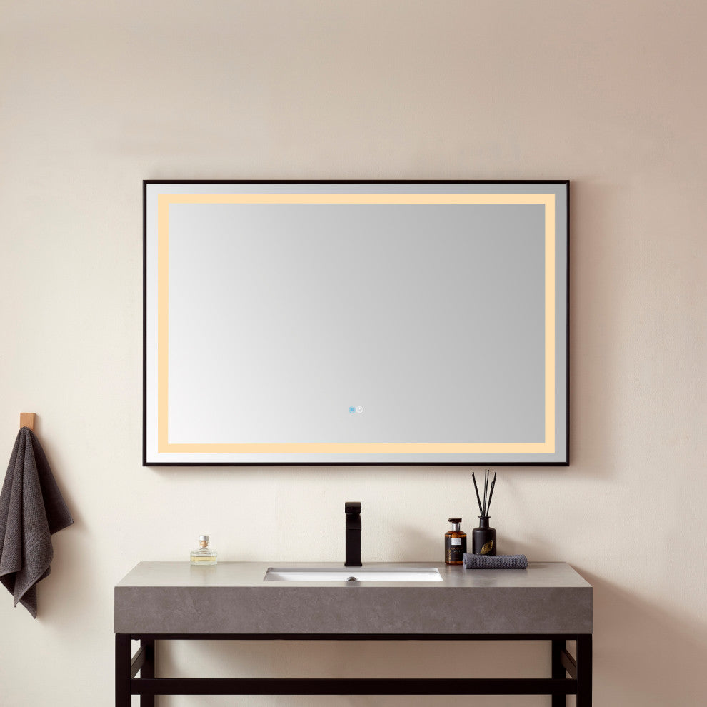 Horizontal Rectangular LED Wall Mount Bathroom Mirror, Black, 48"