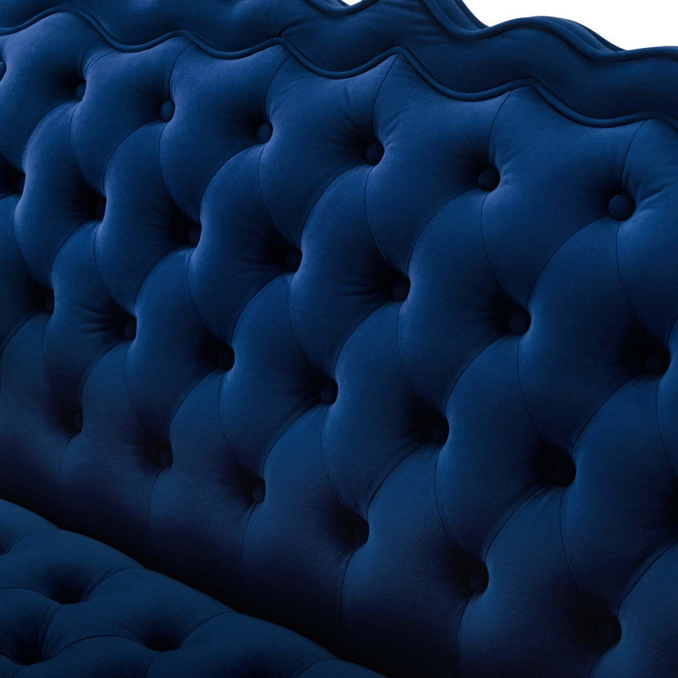Modern Designer Lounge Loveseat Settee Sofa, Velvet Fabric, Navy Blue