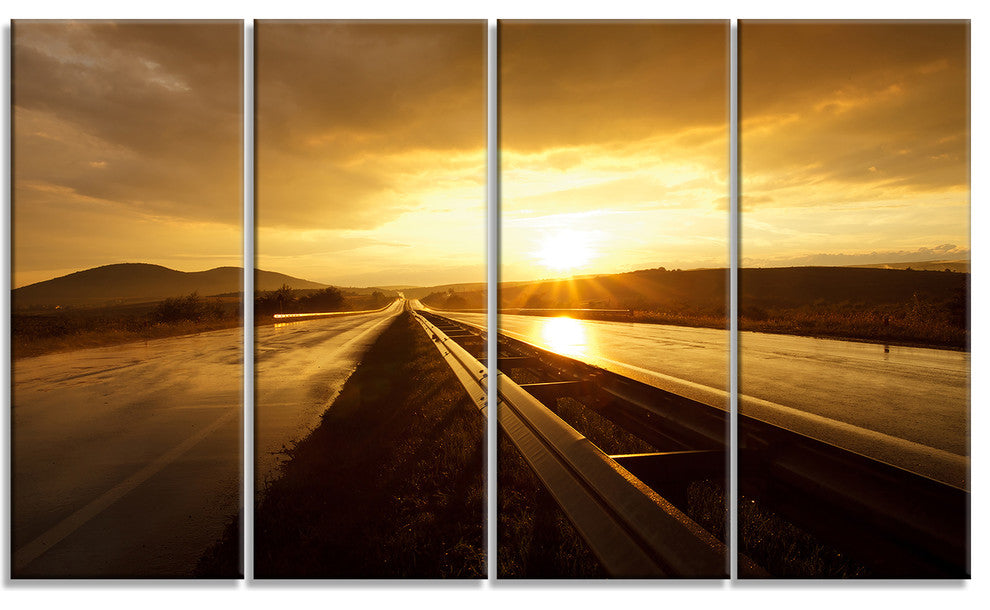 "Wet After Rain Road At Sunset" Extra Large Wall Art Landscape, 4Panel, 48"x28"