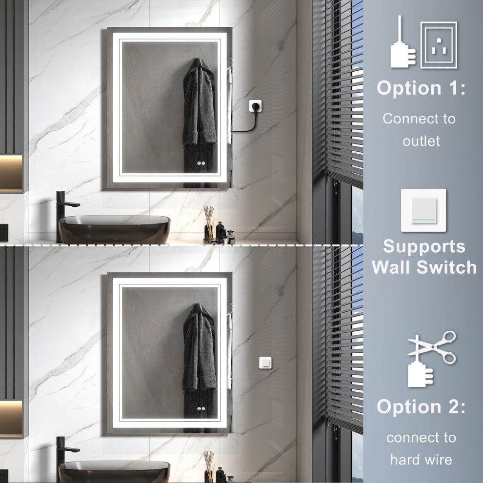 Frameless LED Lighted Bathroom Mirror With Defogger Dimmer, 28"x36"