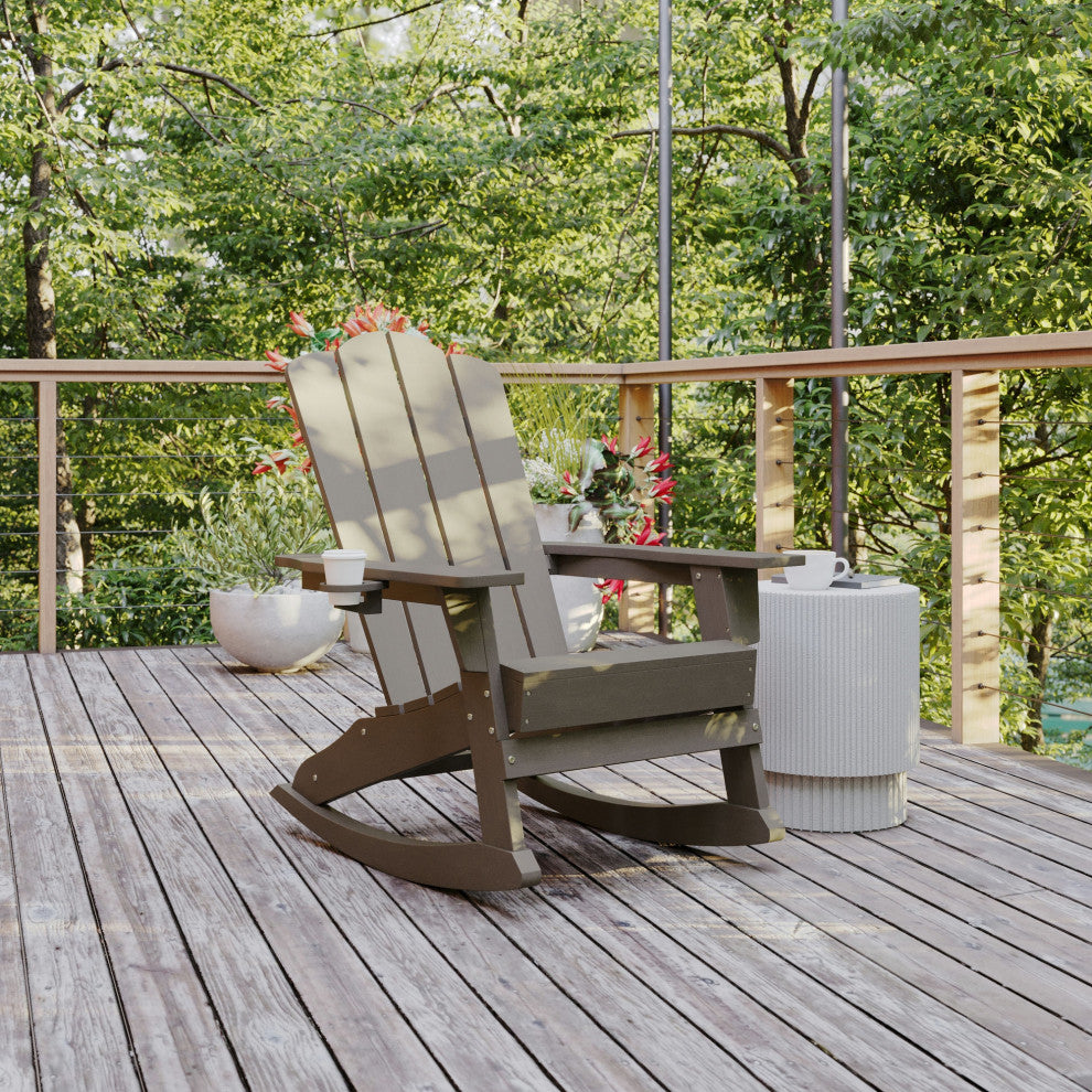 Newport HDPE Adirondack Chair with Cup Holder and Pull Out Ottoman, Brown