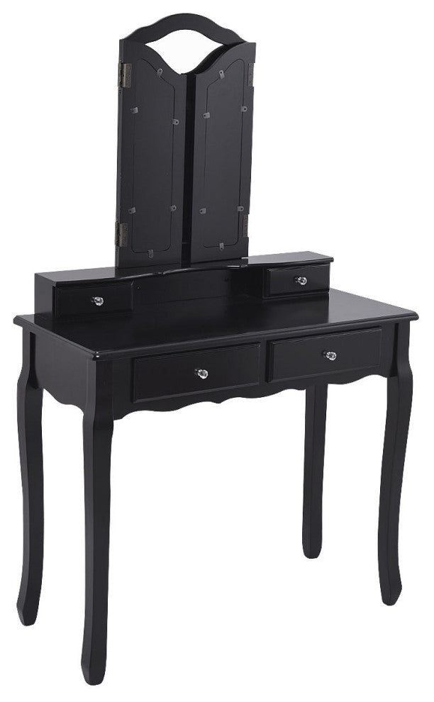 Costway Makeup Table Stool Set Tri Folding Mirror Vanity  Black