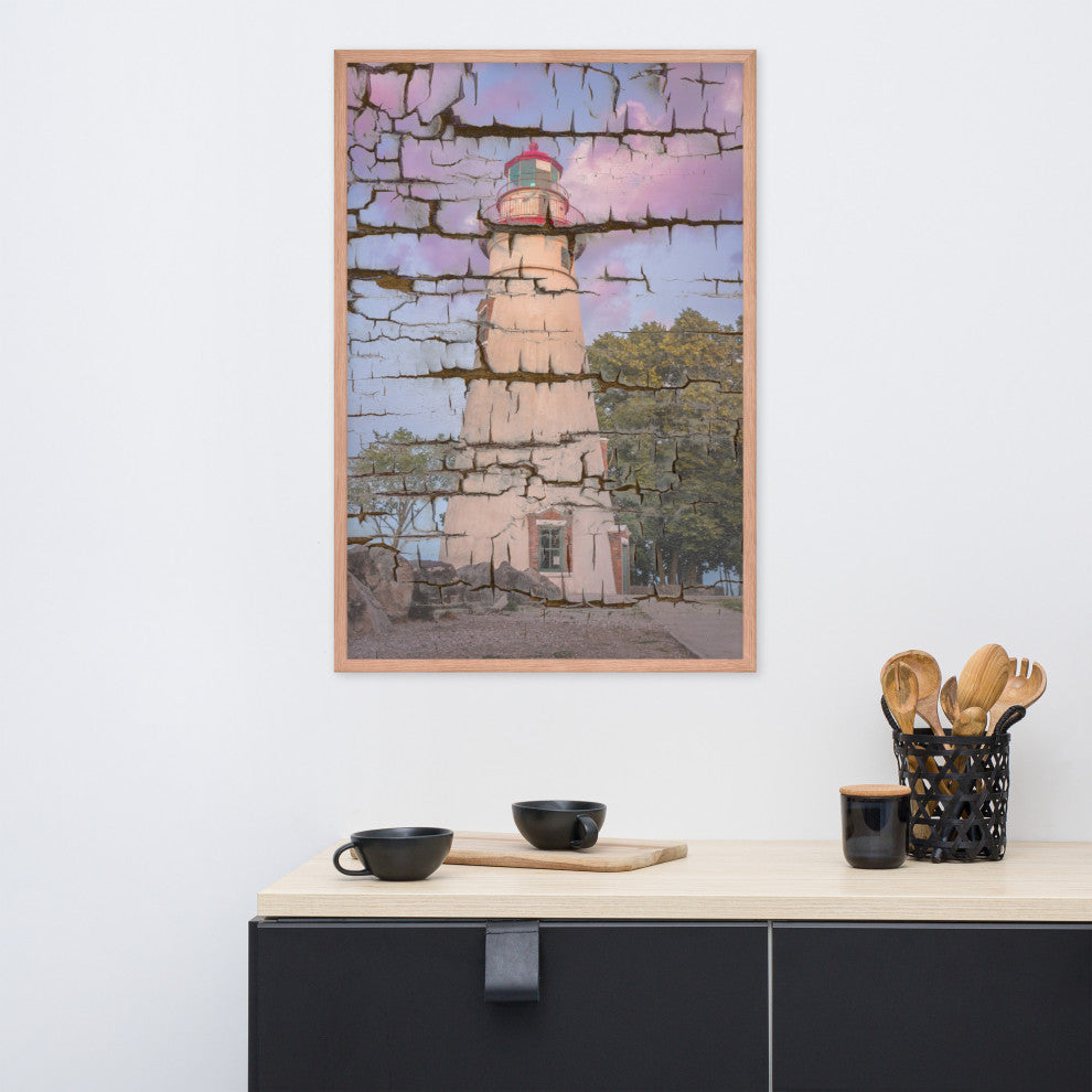 Faux Wood Texture Marblehead Lighthouse at Sunset Framed Photo Wall Art Print, Red Oak, 24" X 36"