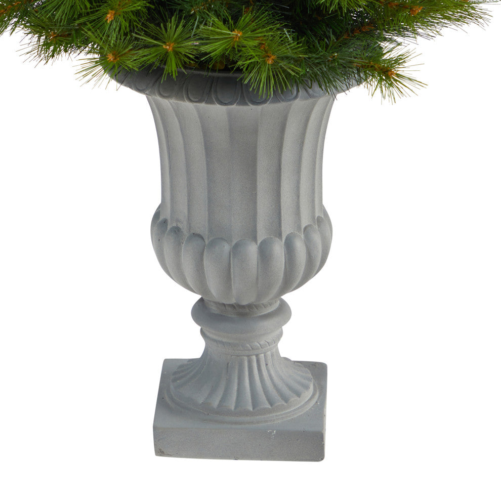 4.5' Green Valley Pine Faux Xmas Tree W/ White Lights & Bendable Branches, Urn