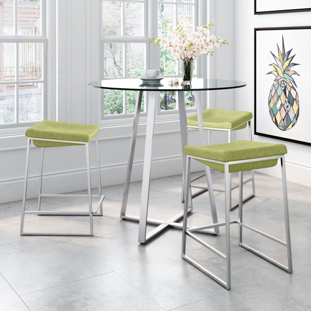 Counter Stool Chair, Set of 2, Steel Metal, Fabric, Green, Silver, Cafe Bistro