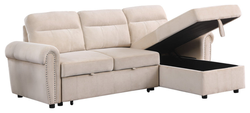 Ashton Velvet Fabric Reversible Sleeper Sectional Sofa Chaise, Beige