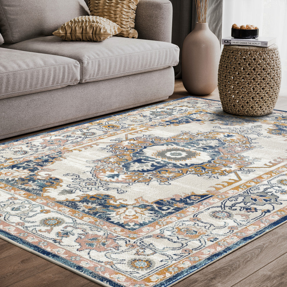 Abani Porto PRT180A Traditional Vintage Ivory and Navy Area Rug