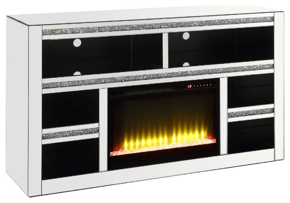 Benzara BM273254 Mirrored TV Media Stand, Timer Fireplace, 6 Compartment, Black