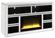 Benzara BM273254 Mirrored TV Media Stand, Timer Fireplace, 6 Compartment, Black