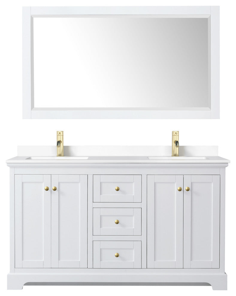 60"DBL Vanity White, White Cult. Marble Countertop, Sinks, 58"Mirror, Gold Trim