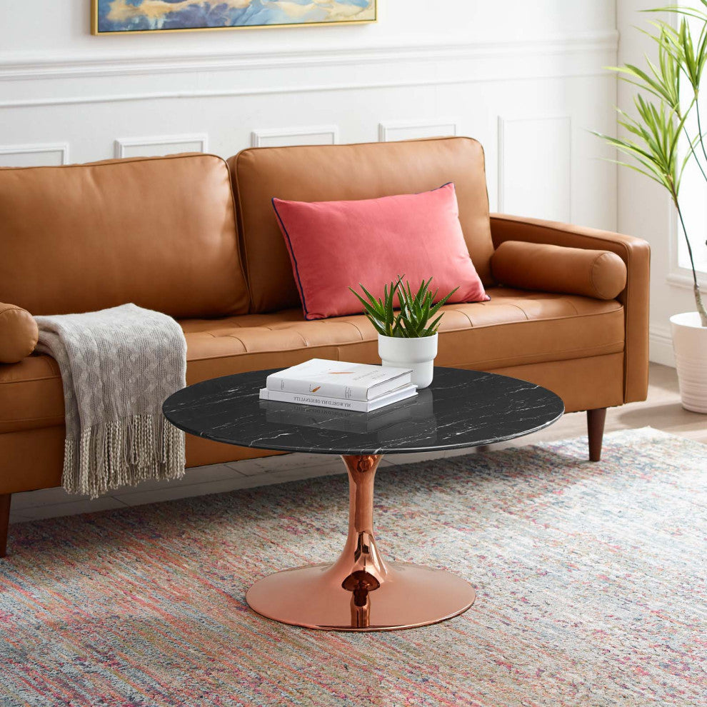Coffee Table, Round, Artificial Marble, Metal, Rose Gold Black, Modern, Lounge