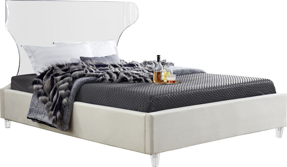Ghost Velvet Upholstered Bed, Cream, King