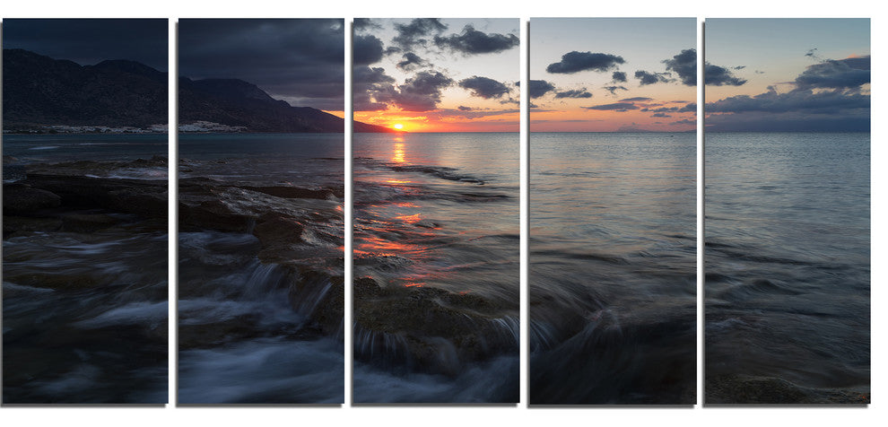 "Dark Mediterranean Beach Dawn" Modern Seashore Canvas Art, 5 Panels, 60"x28"