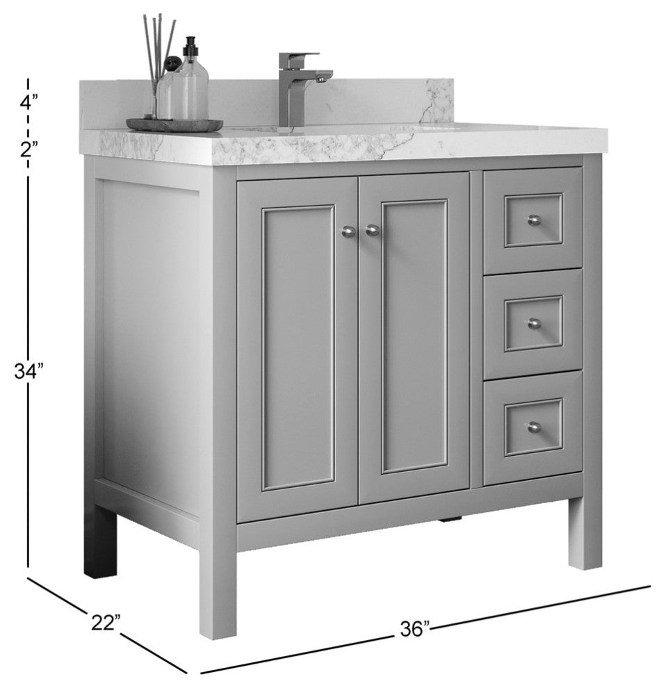 Nashville 36" Center Sink Bath Vanity, White 2" Calacatta Nuvo
