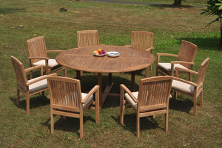 9-Piece Outdoor Teak Dining Set: 72" Round Table, 8 Wave Stacking Arm Chairs