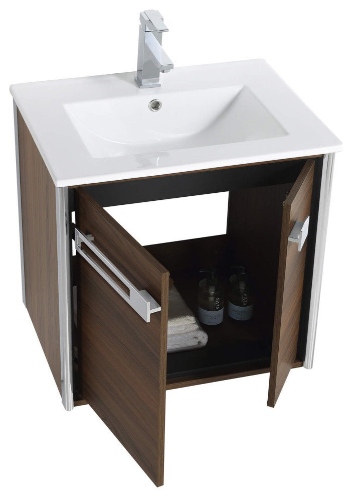 Oakville Wall Mount Bathroom Vanity, Walnut Ebony, 24", Chrome Hardware