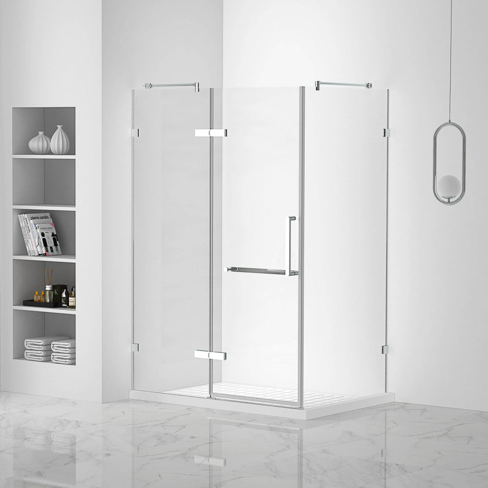 Shower Enclosure Hinged Frameless Tempered Glass, Polished Chrome, 42"