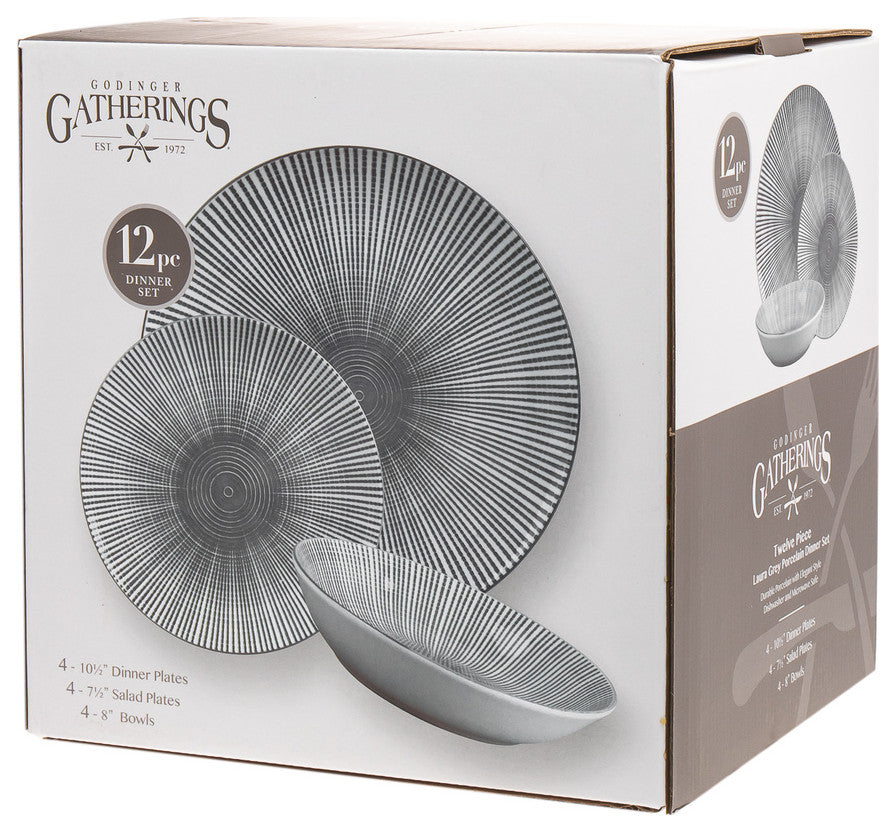 Laura Porcelain 12 Piece Dinnerware Set, Grey