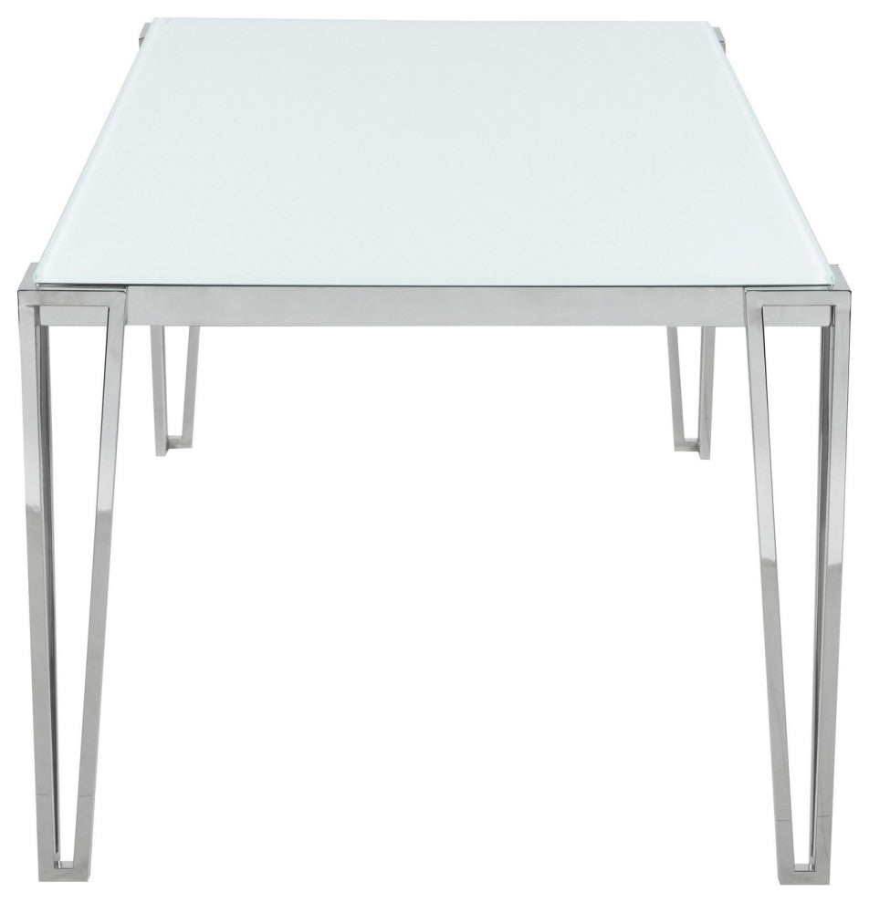 Benzara BM242102 Dining Table With Glass Top and Metal Legs, White and Chrome