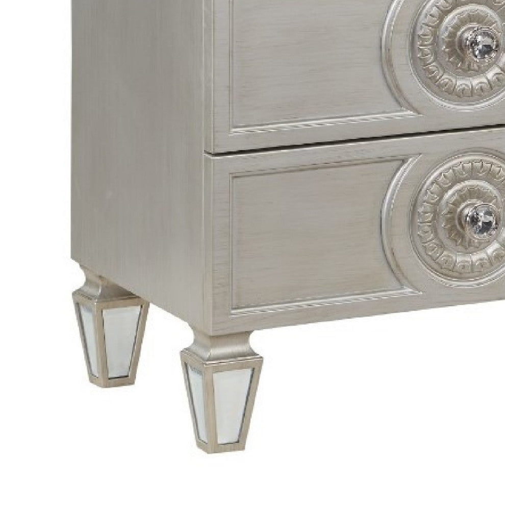 Benzara BM275683 Modern Nightstand With 2 Drawers, Mirror Inlay Trim, Silver