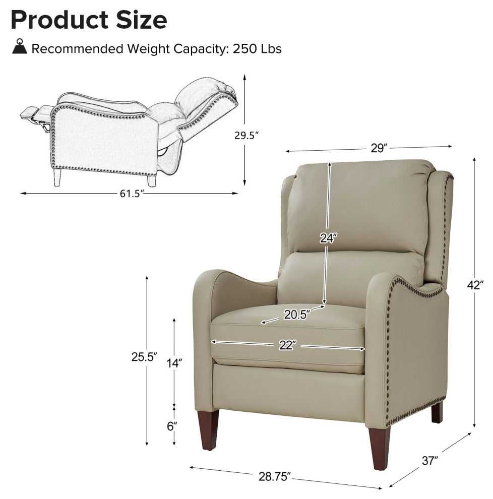 Genuine Leather Recliner With Nailhead Trim Set of 2, Beige