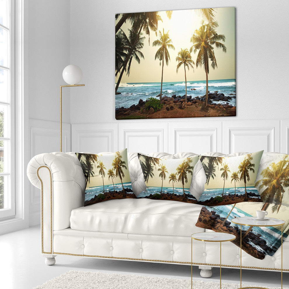 Rocky Tropical Beach With Palms Seashore Throw Pillow, 16"x16"