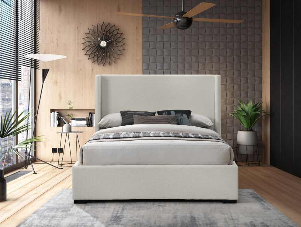 Oxford Linen Textured Fabric Upholstered Bed, Beige, King