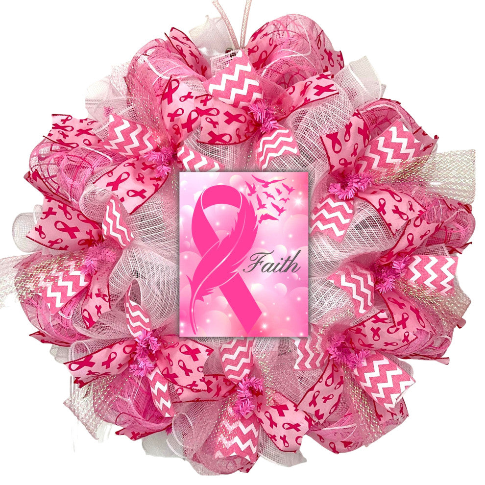 Breast Cancer Awareness Faith Ribbon Wreath Handmade Deco Mesh