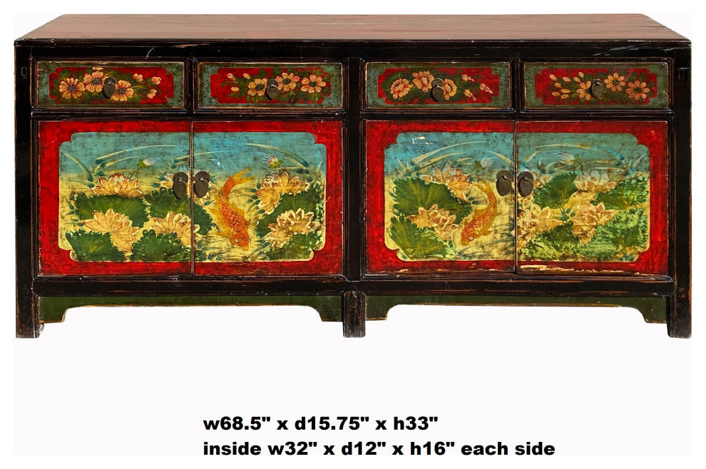 Vintage Oriental Blue Fishes Graphic Sideboard Console Table Cabinet Hcs7138