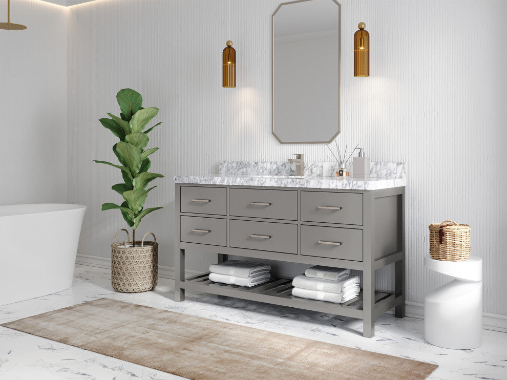 Parker 60 Single Sink Bathroom Vanity in Elephant Skin Gray  1.5" White Quartz