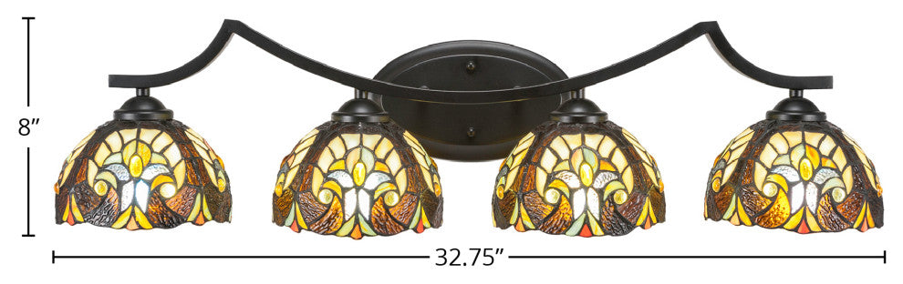 Zilo 4 Light Bath Bar, Matte Black Finish, 7" Ivory Cypress Tiffany Glass
