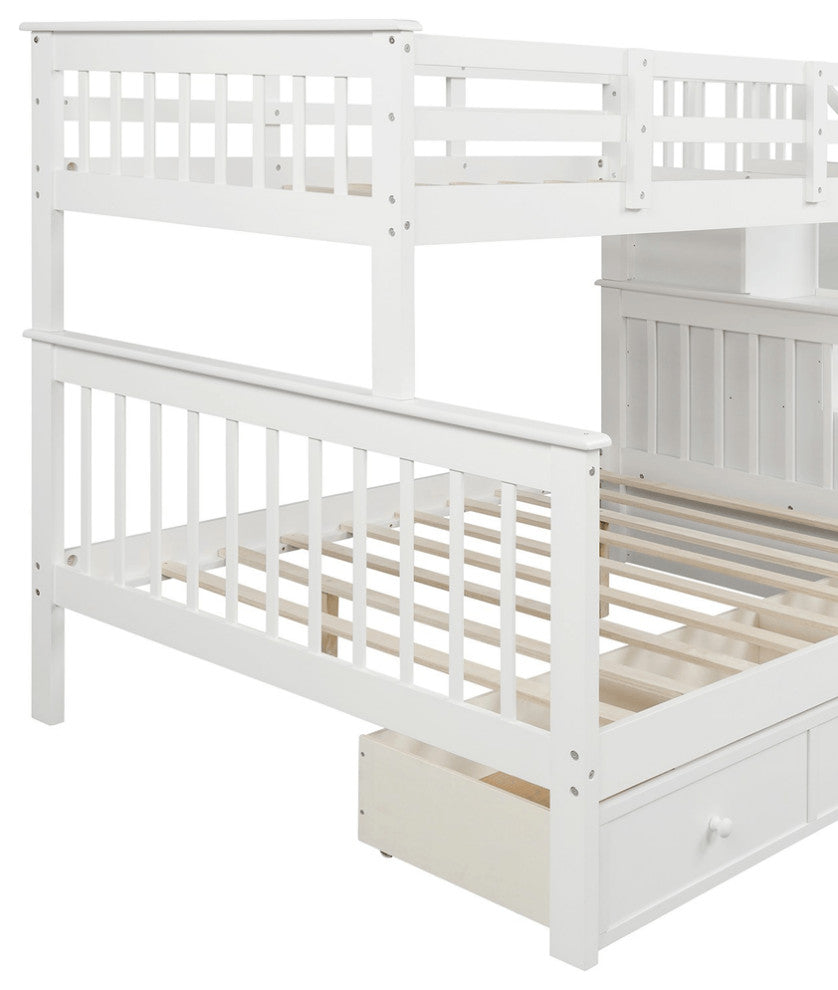 White Twin Over Full Contemporary Bunk Bed With Stairs And Shelves