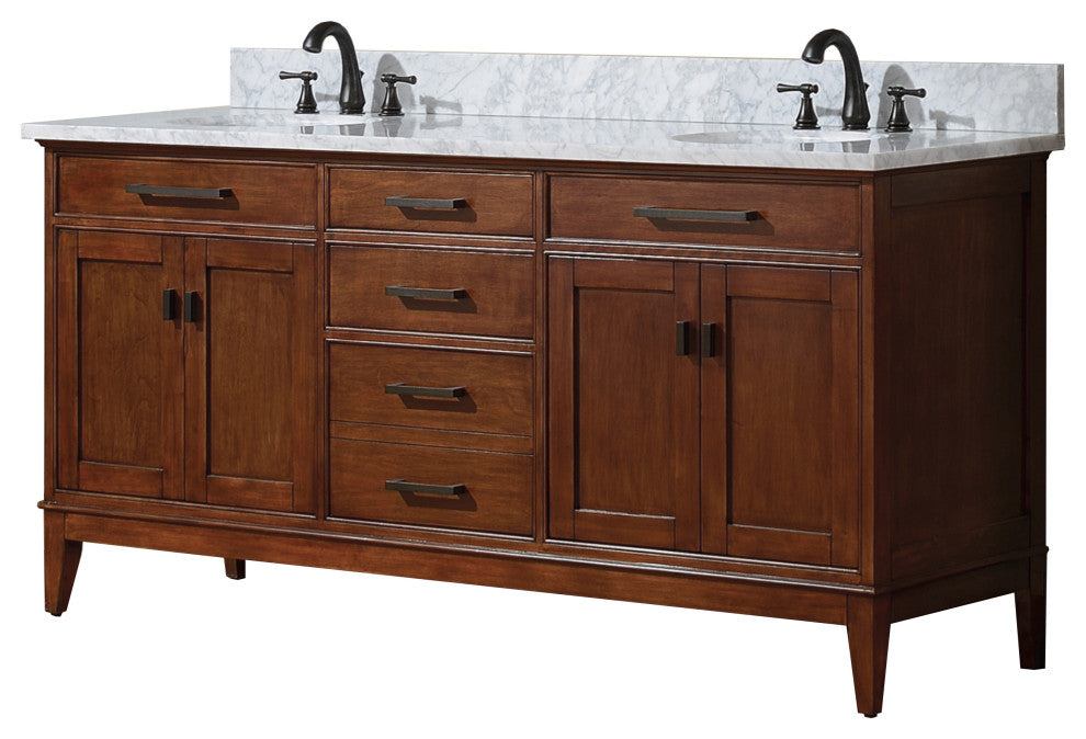 Avanity Madison 73" Double Vanity, Tobacco Finish, Carrera White Marble Top