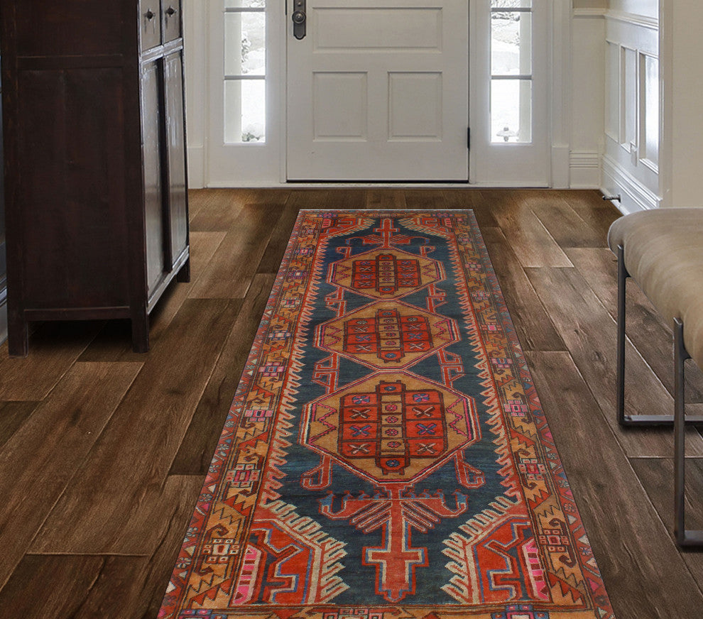 Fine Vintage Distressed Bitanig Charcoal/Rust Runner, 3'4x10'4