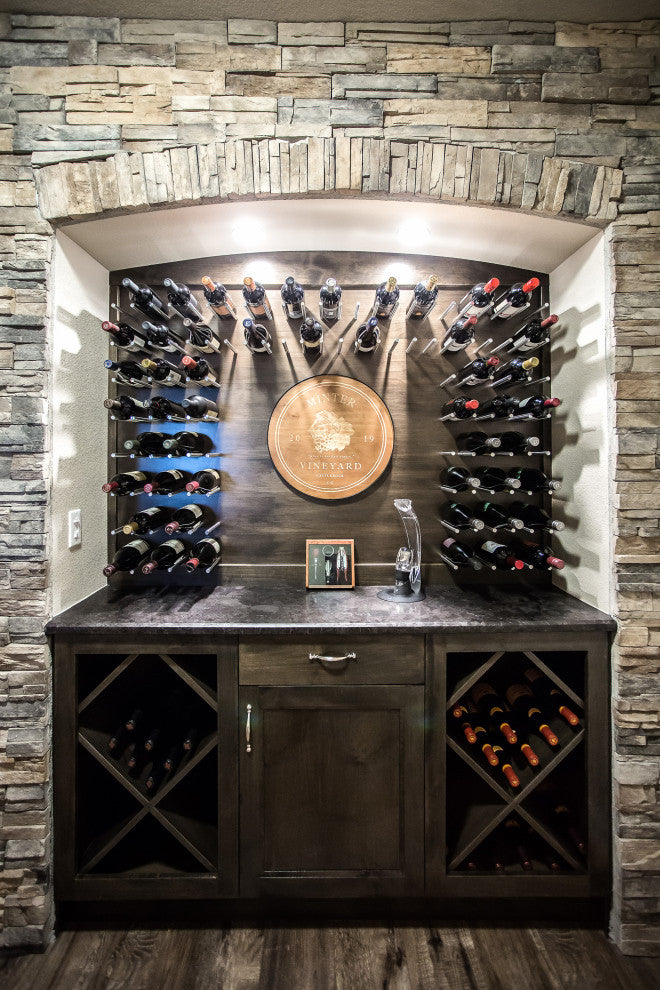 Vino Rails 1 (cork-forward metal wine storage), Milled Aluminum, Drywall Mounting