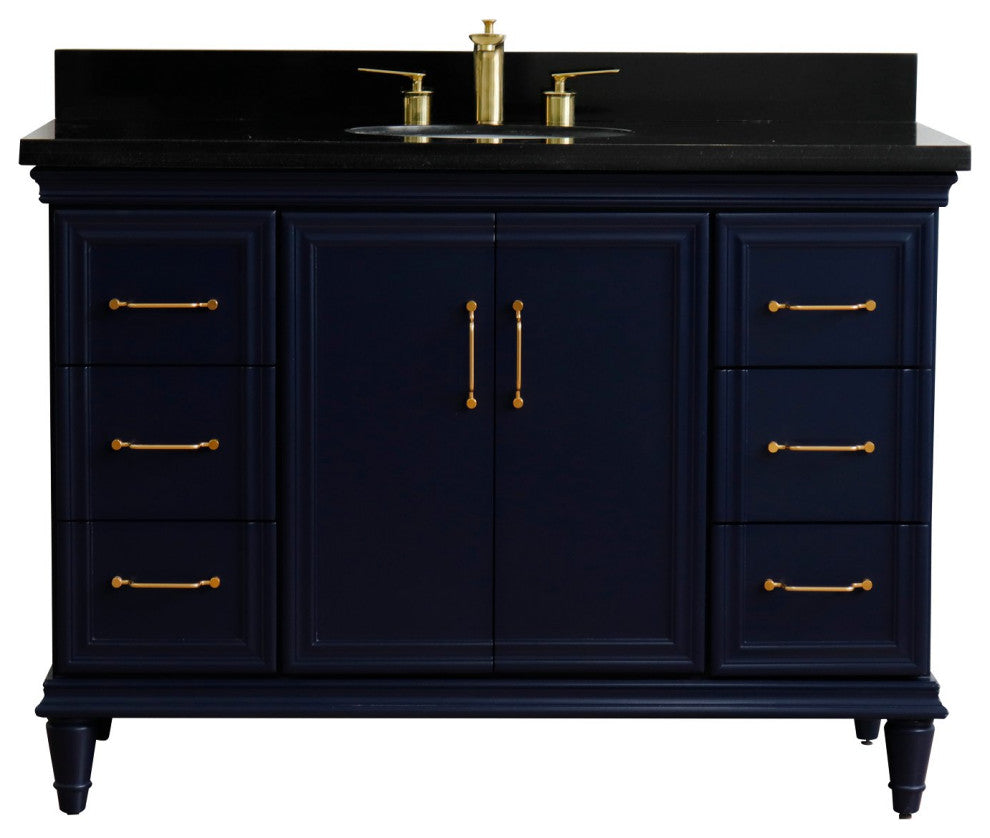 49" Single Sink Vanity, Blue Finish With Black Galaxy Granite And Oval Sink