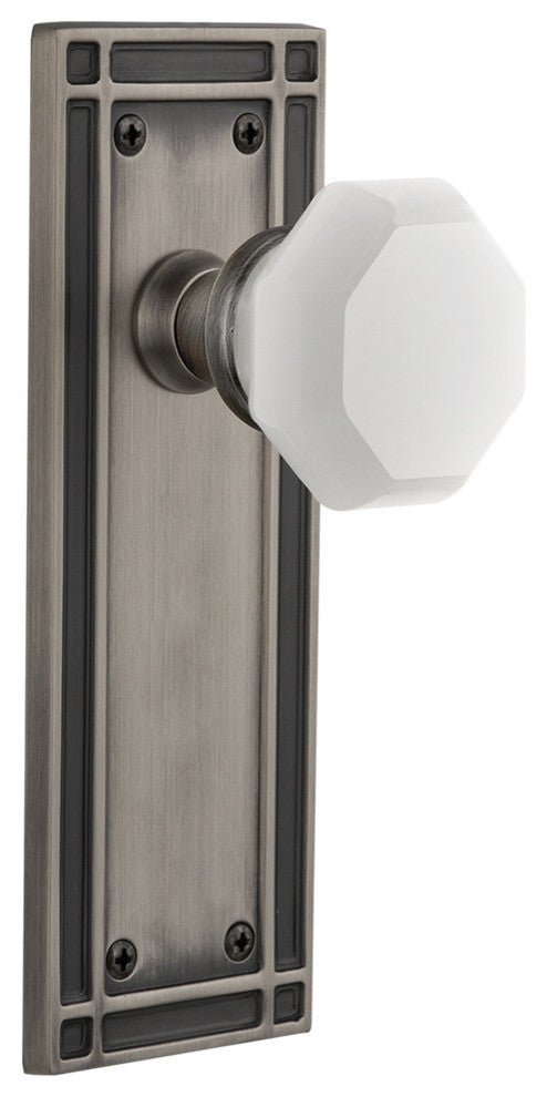 Mission Plate Passage Waldorf White Milk Glass Knob, Antique Pewter