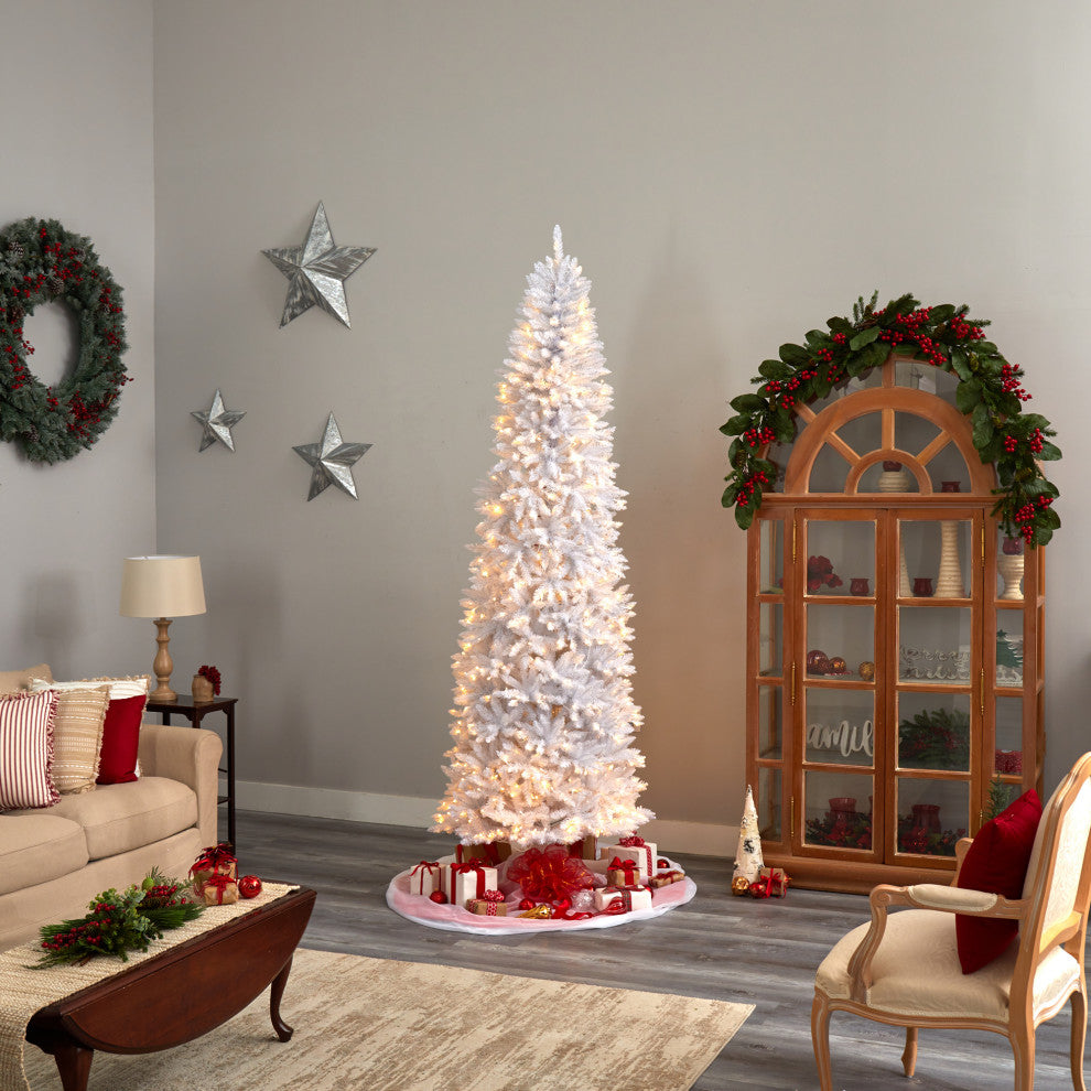 9' Slim White Faux Xmas Tree W/600 Warm White Lights & 1860 Bendable Branches