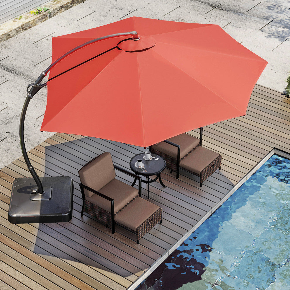 11' Outdoor Patio Hanging Cantilever Curvy Umbrella With 360 Rotation, Red